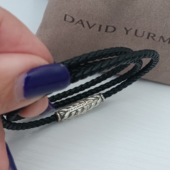 David Yurman Sterling Silver Black Leather Chevron Triple Row Wrap Bracelet - Picture 4 of 4